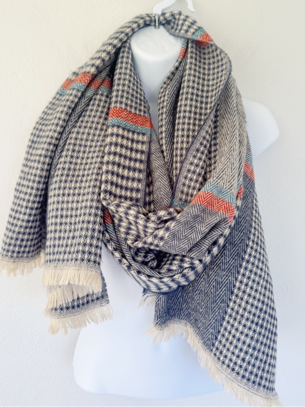 Blue red geometric stripe print oversized winter scarf one size